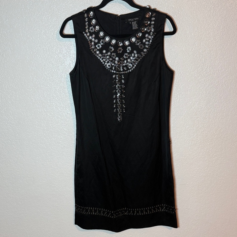 Etcetera Black Snap Design Shift Dress Size 6 Modern Edgy LBD